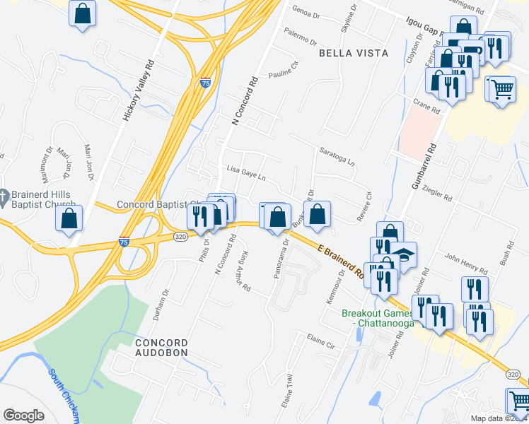 map of restaurants, bars, coffee shops, grocery stores, and more near 1419 Rowewood Drive in Chattanooga