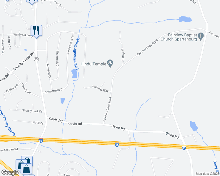 map of restaurants, bars, coffee shops, grocery stores, and more near 1151 Fairview Church Road in Spartanburg