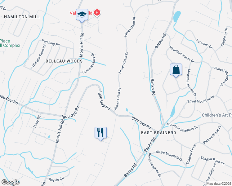 map of restaurants, bars, coffee shops, grocery stores, and more near 2025 Haven Crest Drive in Chattanooga
