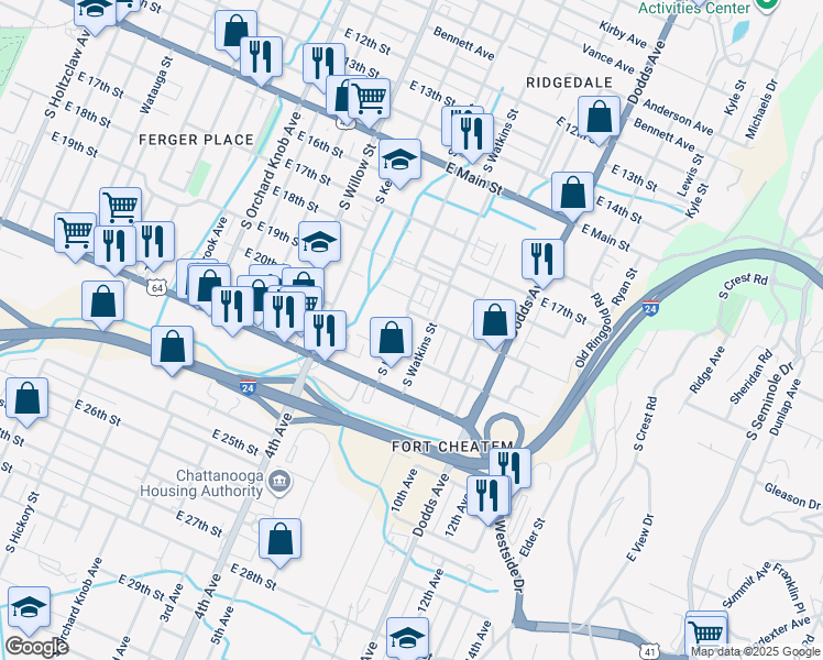 map of restaurants, bars, coffee shops, grocery stores, and more near 2005 South Lyerly Street in Chattanooga