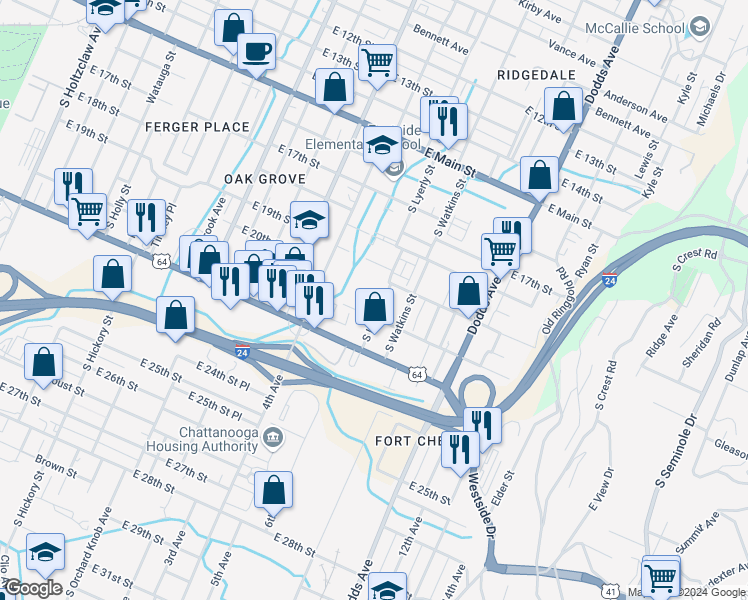 map of restaurants, bars, coffee shops, grocery stores, and more near 2005 South Lyerly Street in Chattanooga