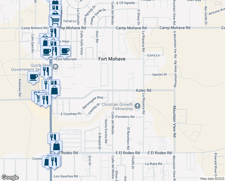 map of restaurants, bars, coffee shops, grocery stores, and more near Calle del Media in Fort Mohave