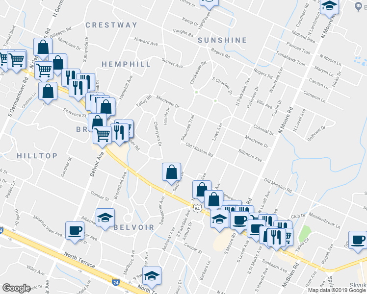 map of restaurants, bars, coffee shops, grocery stores, and more near 122 Shawnee Trail in Chattanooga