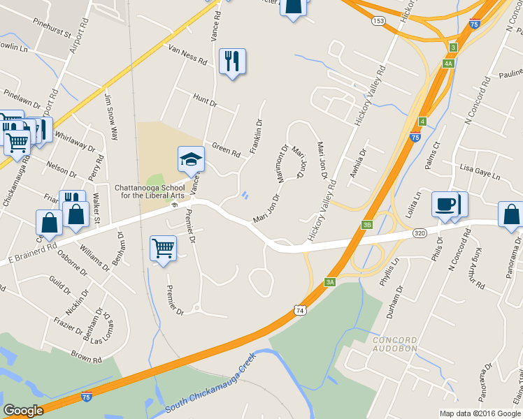 map of restaurants, bars, coffee shops, grocery stores, and more near 1215 Marijon Drive in Chattanooga