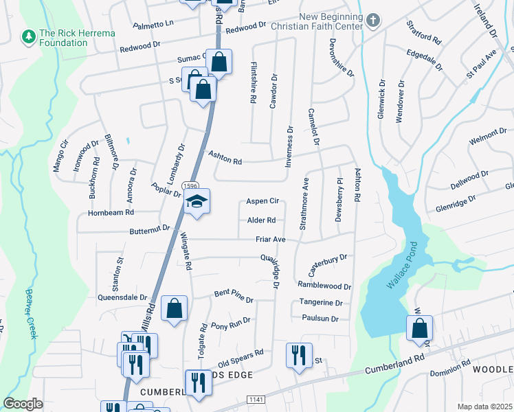 map of restaurants, bars, coffee shops, grocery stores, and more near 1943 Aspen Circle in Fayetteville