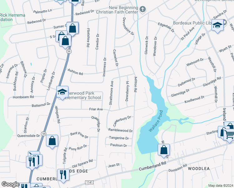 map of restaurants, bars, coffee shops, grocery stores, and more near 1830 Camelot Drive in Fayetteville