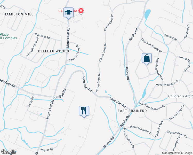 map of restaurants, bars, coffee shops, grocery stores, and more near 2025 Haven Crest Drive in Chattanooga