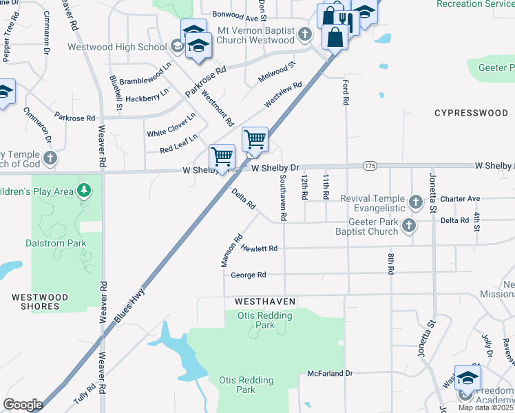 map of restaurants, bars, coffee shops, grocery stores, and more near 686 Delta Road in Memphis