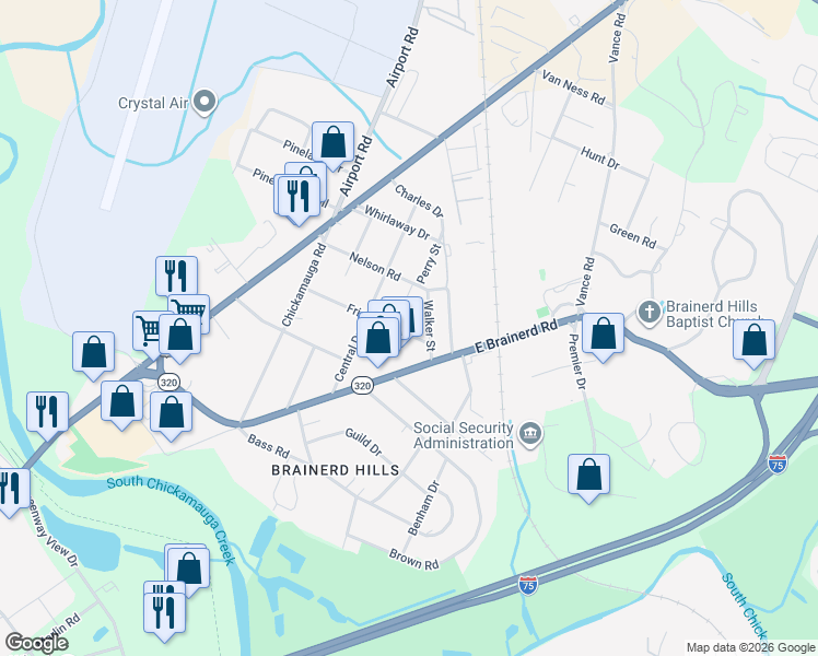 map of restaurants, bars, coffee shops, grocery stores, and more near 413 Friar Road in Chattanooga