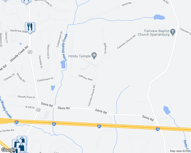 map of restaurants, bars, coffee shops, grocery stores, and more near 1151 Fairview Church Road in Spartanburg