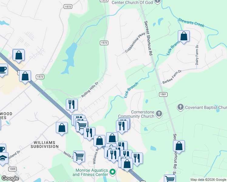 map of restaurants, bars, coffee shops, grocery stores, and more near 2526 King Arthur Drive in Monroe