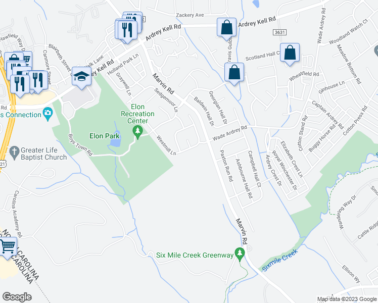 map of restaurants, bars, coffee shops, grocery stores, and more near 17414 Westmill Lane in Charlotte