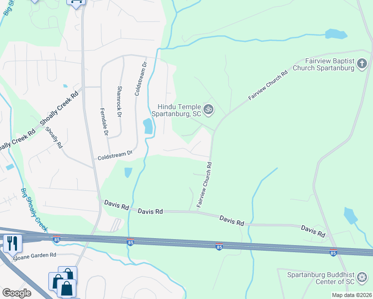 map of restaurants, bars, coffee shops, grocery stores, and more near Flatview Way in Spartanburg