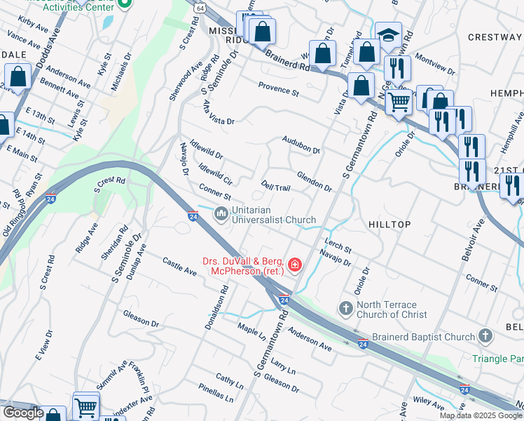 map of restaurants, bars, coffee shops, grocery stores, and more near 317 Wygoda Circle in Chattanooga