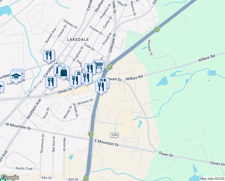 map of restaurants, bars, coffee shops, grocery stores, and more near 154 Draughone Avenue in Fayetteville