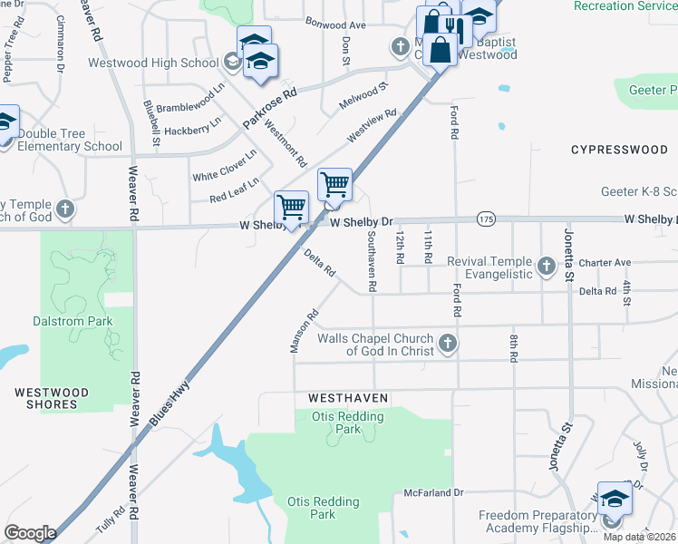 map of restaurants, bars, coffee shops, grocery stores, and more near 692 Delta Road in Memphis