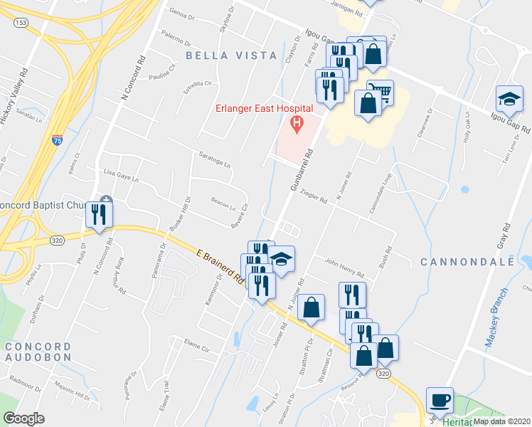 map of restaurants, bars, coffee shops, grocery stores, and more near 7385 Applegate Lane in Chattanooga