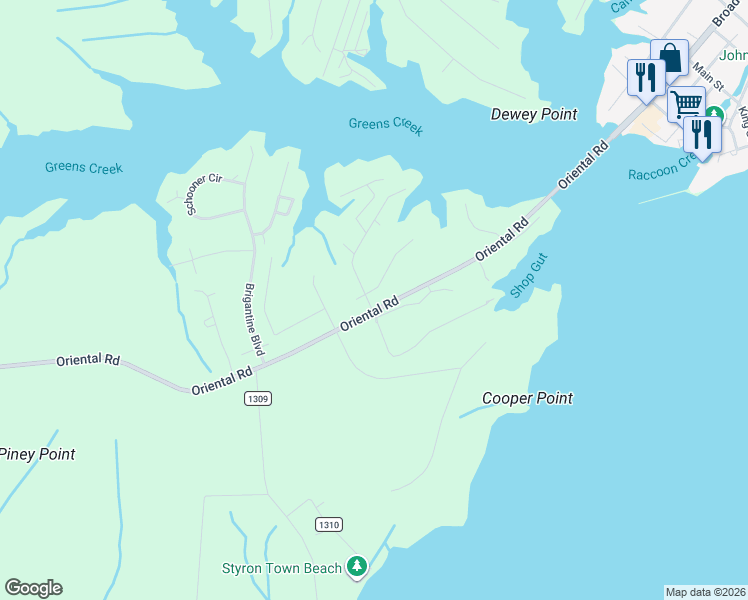 map of restaurants, bars, coffee shops, grocery stores, and more near 7000 Fairwinds Drive in Oriental