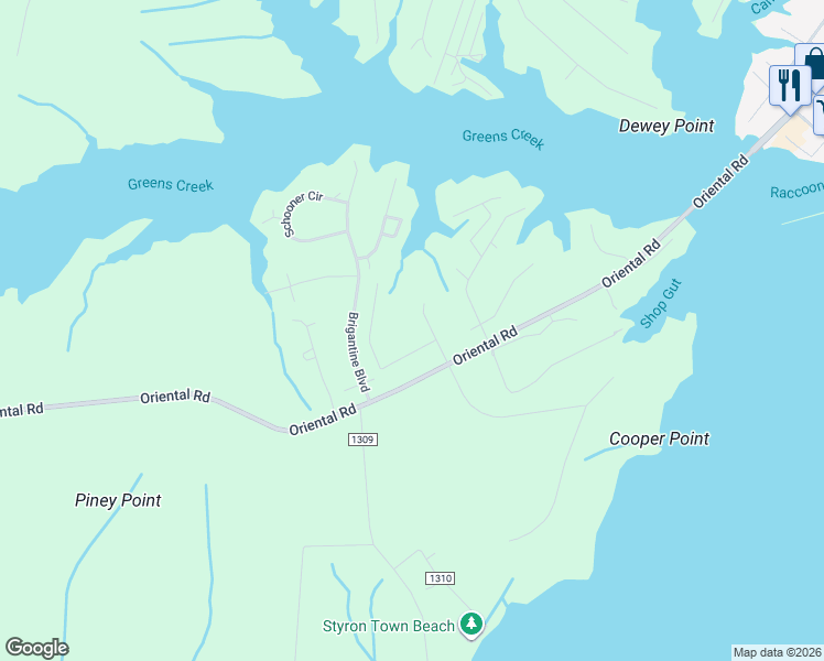 map of restaurants, bars, coffee shops, grocery stores, and more near 6105 Raccoon Run in Oriental