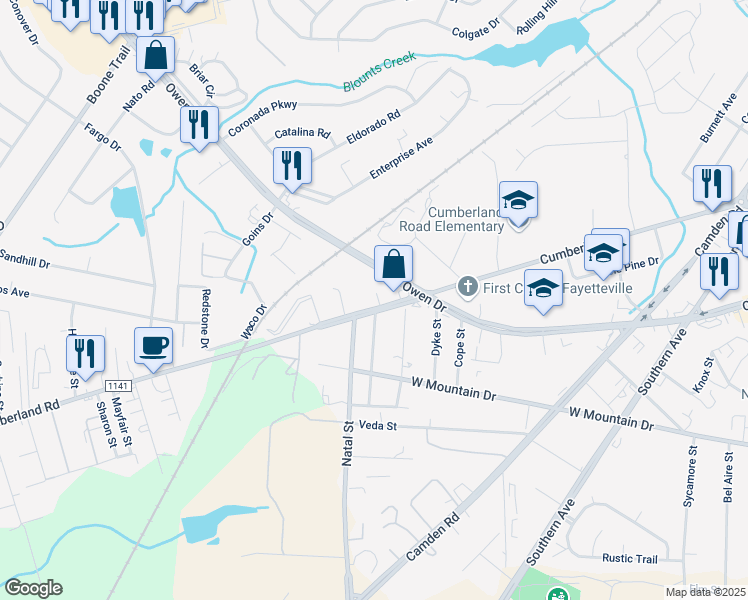 map of restaurants, bars, coffee shops, grocery stores, and more near 2960 Cumberland Road in Fayetteville