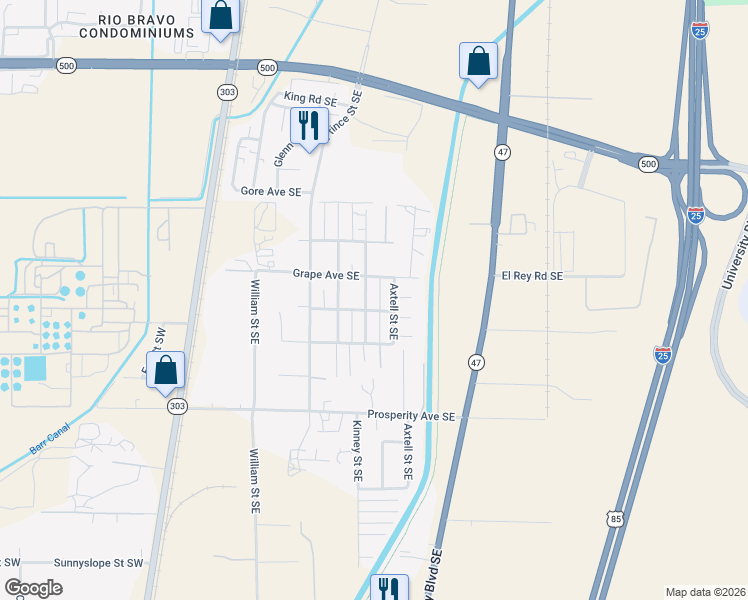 map of restaurants, bars, coffee shops, grocery stores, and more near 4207 Axtell Street Southeast in Albuquerque