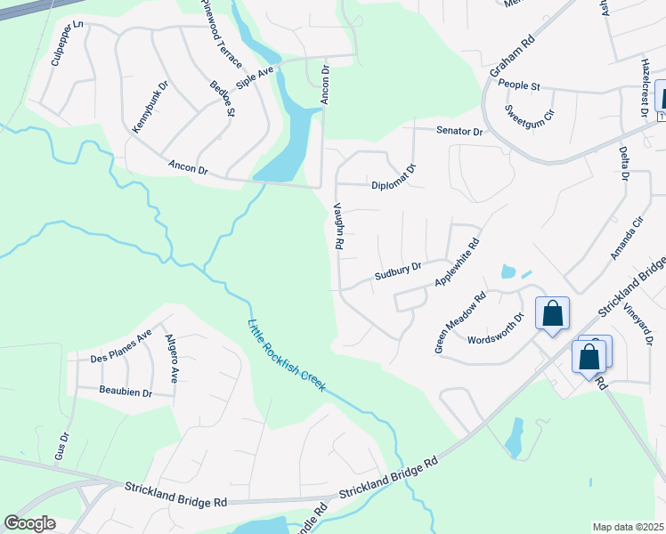 map of restaurants, bars, coffee shops, grocery stores, and more near 6700 Vaughn Road in Fayetteville