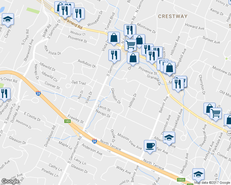 map of restaurants, bars, coffee shops, grocery stores, and more near 3728 Chula Vista Drive in Chattanooga