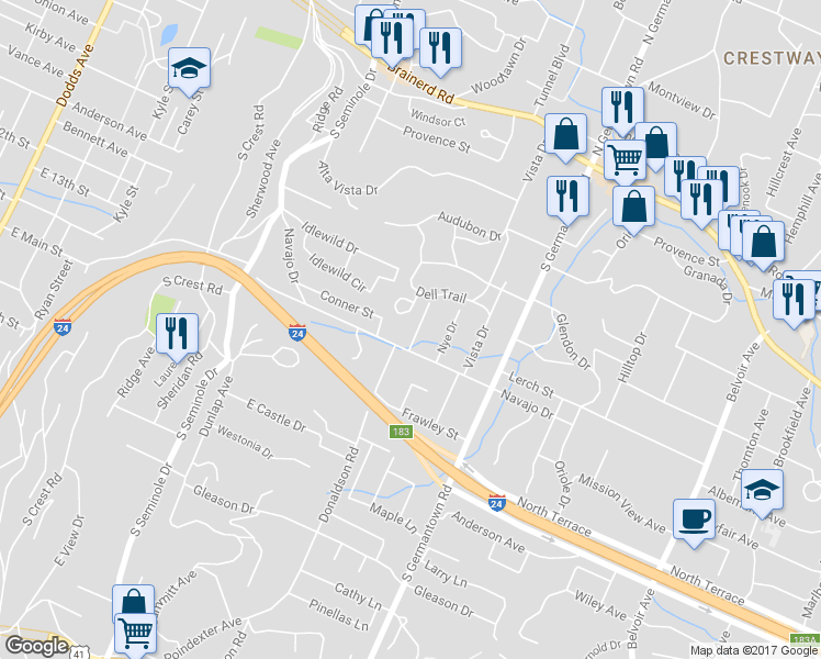 map of restaurants, bars, coffee shops, grocery stores, and more near 317 Wygoda Circle in Chattanooga