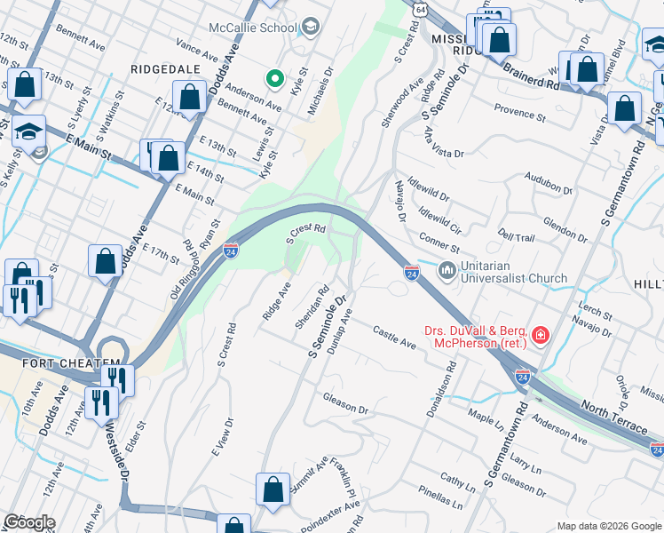 map of restaurants, bars, coffee shops, grocery stores, and more near 423 South Seminole Drive in Chattanooga