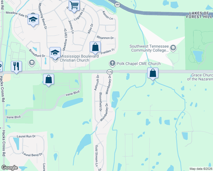 map of restaurants, bars, coffee shops, grocery stores, and more near 4738 Wemberley Drive in Memphis