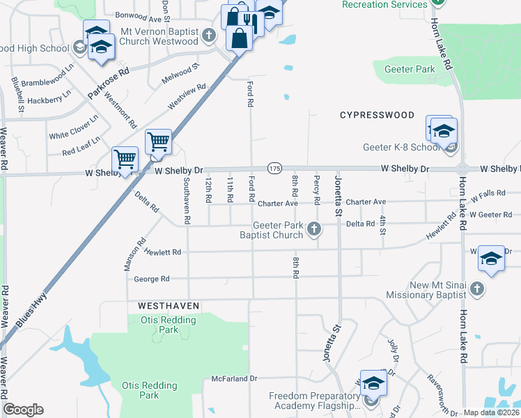 map of restaurants, bars, coffee shops, grocery stores, and more near 507 Charter Avenue in Memphis