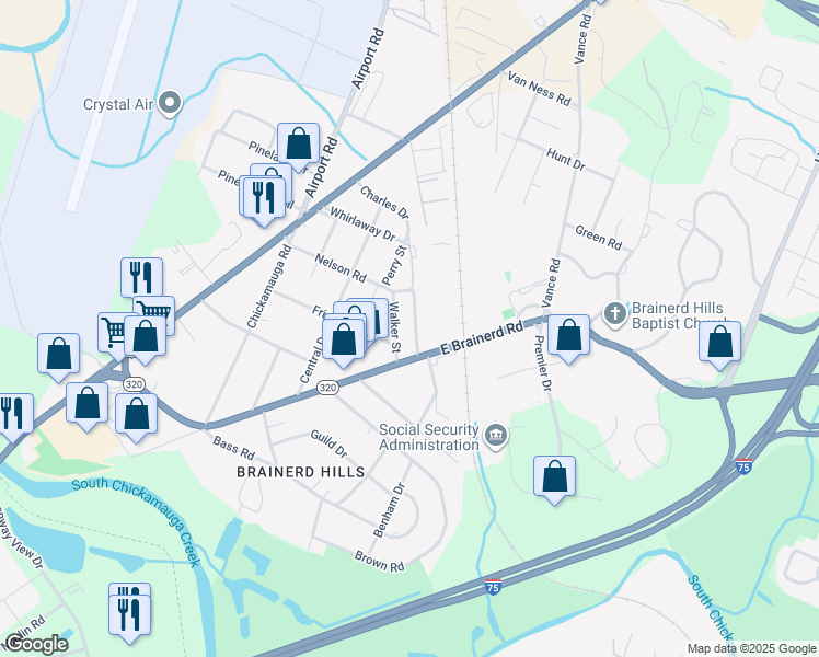 map of restaurants, bars, coffee shops, grocery stores, and more near 227 Prosperity Lane in Chattanooga