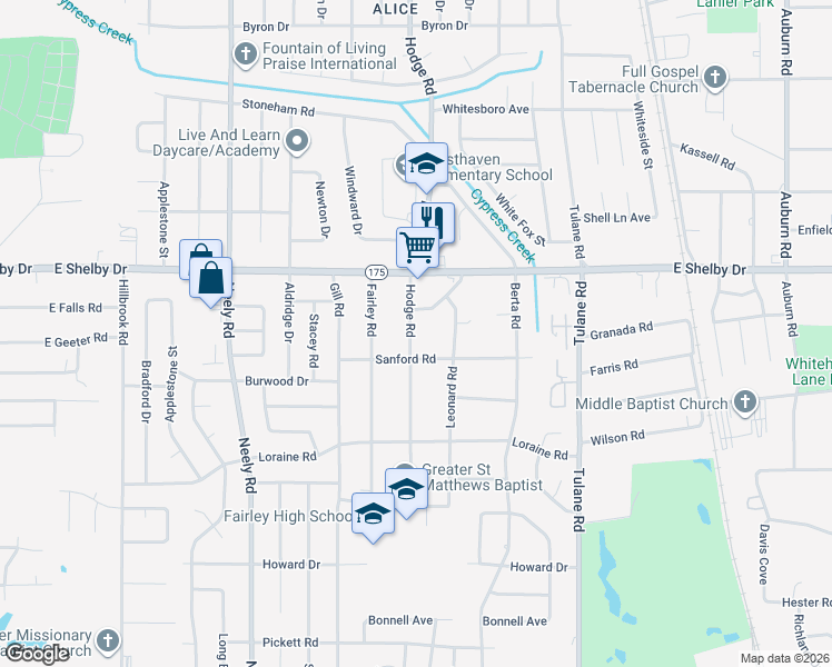map of restaurants, bars, coffee shops, grocery stores, and more near 4746 Hodge Road in Memphis