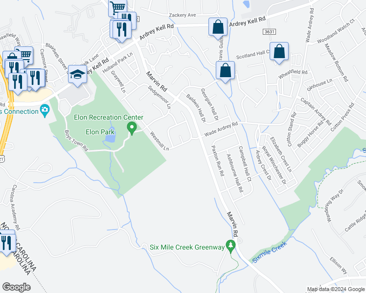 map of restaurants, bars, coffee shops, grocery stores, and more near 17418 Westmill Lane in Charlotte