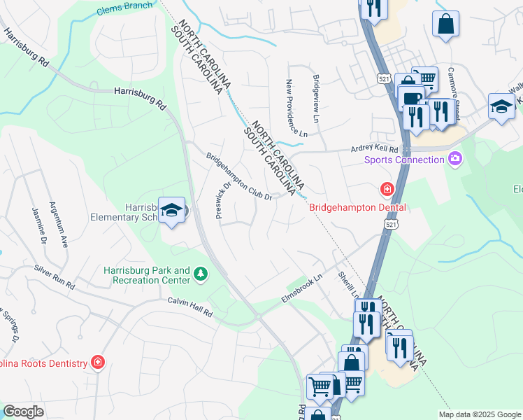 map of restaurants, bars, coffee shops, grocery stores, and more near 17021 Laurelmont Court in Fort Mill