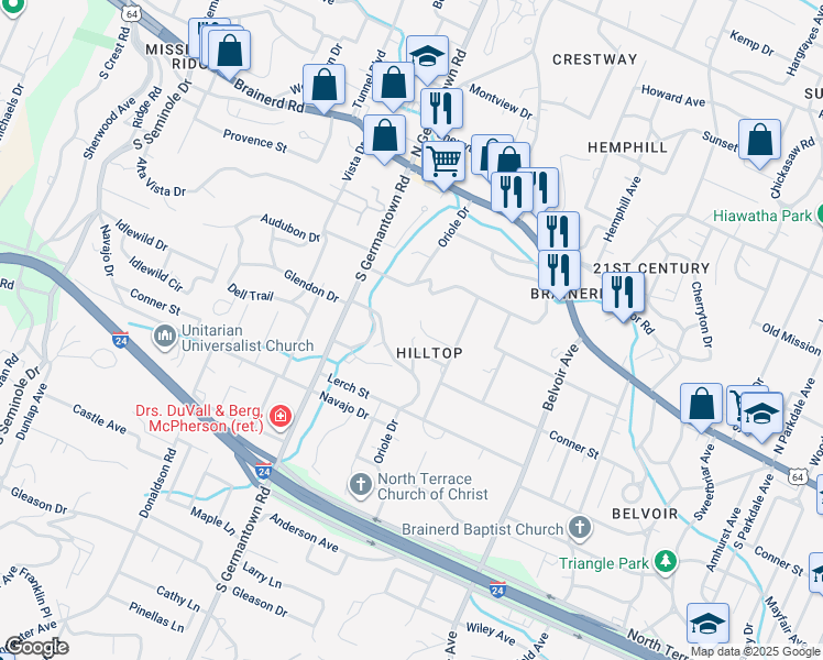 map of restaurants, bars, coffee shops, grocery stores, and more near 3728 Chula Vista Drive in Chattanooga