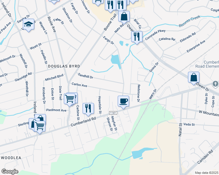 map of restaurants, bars, coffee shops, grocery stores, and more near 3710 Carlos Avenue in Fayetteville