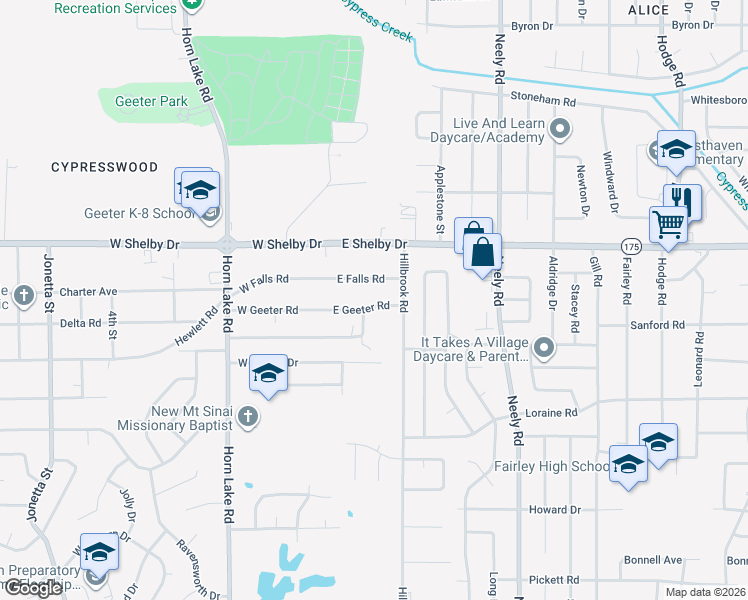 map of restaurants, bars, coffee shops, grocery stores, and more near 64 East Geeter Road in Memphis