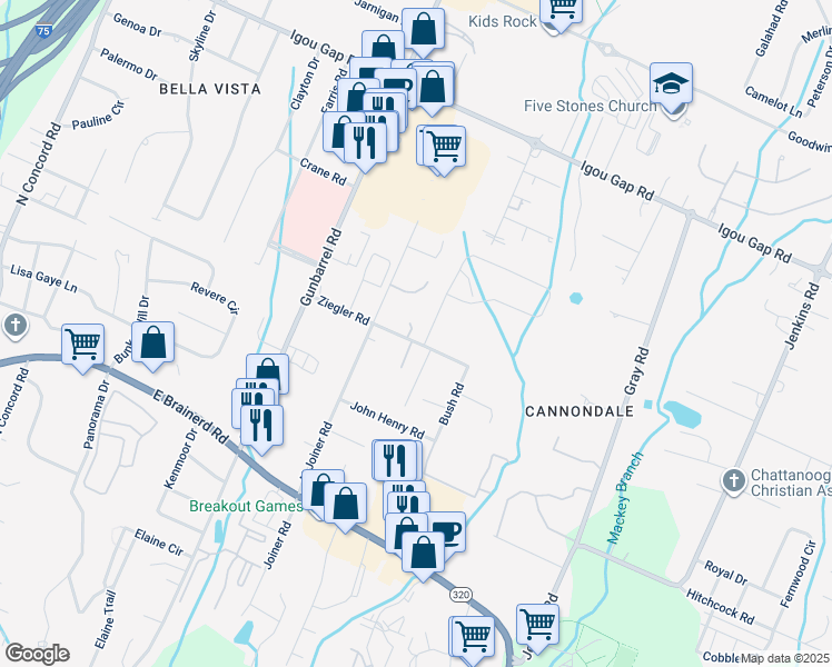 map of restaurants, bars, coffee shops, grocery stores, and more near 1709 Cannondale Loop in Chattanooga