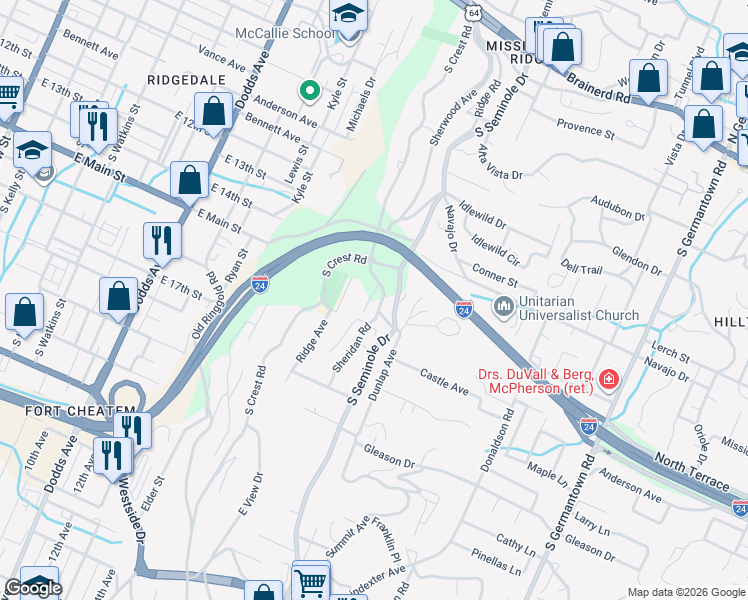 map of restaurants, bars, coffee shops, grocery stores, and more near 423 South Seminole Drive in Chattanooga