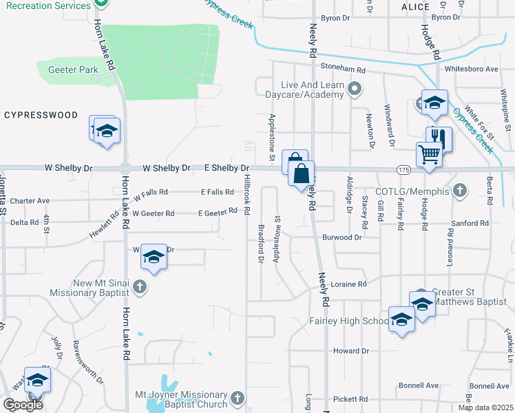 map of restaurants, bars, coffee shops, grocery stores, and more near 4743 Bradford Drive in Memphis