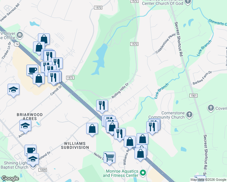 map of restaurants, bars, coffee shops, grocery stores, and more near 2753 Rolling Hills Drive in Monroe