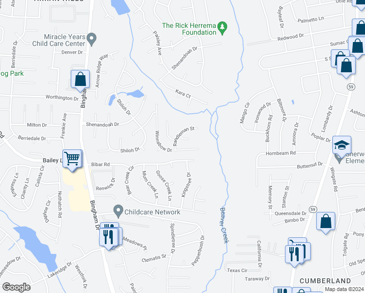 map of restaurants, bars, coffee shops, grocery stores, and more near 1741 Winnabow Drive in Fayetteville