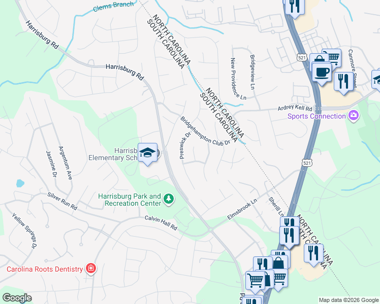 map of restaurants, bars, coffee shops, grocery stores, and more near 22029 Preswick Drive in Fort Mill