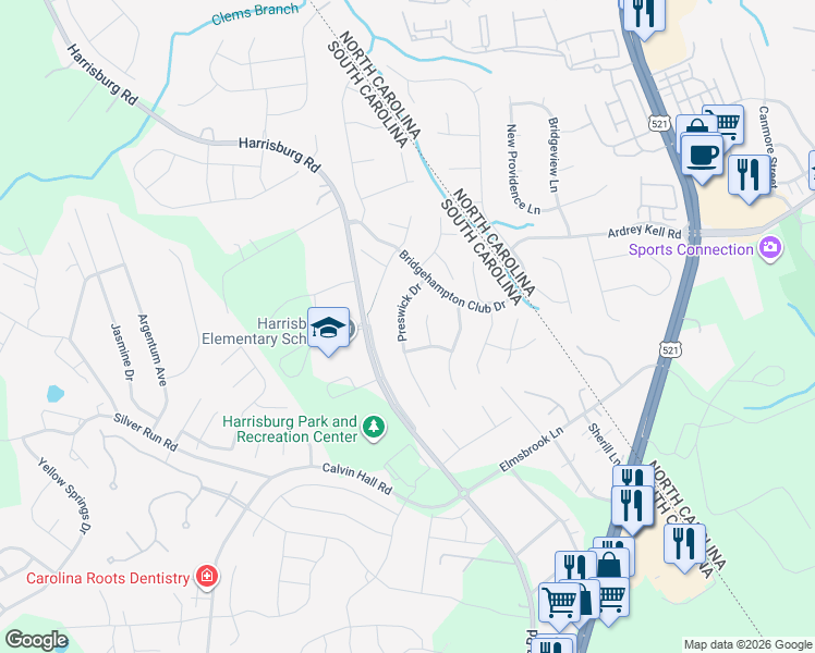 map of restaurants, bars, coffee shops, grocery stores, and more near 22029 Preswick Drive in Fort Mill