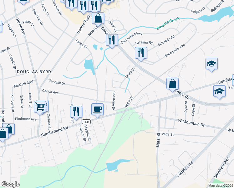 map of restaurants, bars, coffee shops, grocery stores, and more near 2155 Goins Drive in Fayetteville