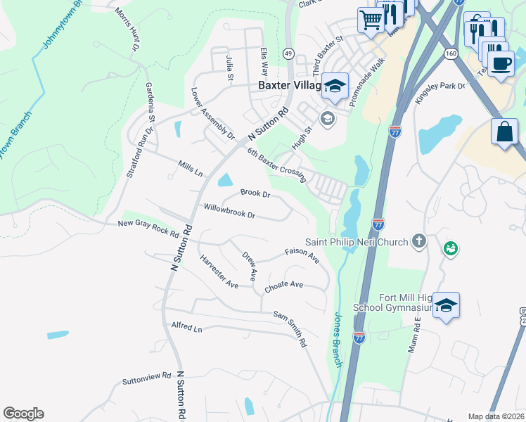 map of restaurants, bars, coffee shops, grocery stores, and more near 1628 Willowbrook Drive in Fort Mill