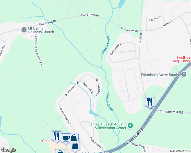 map of restaurants, bars, coffee shops, grocery stores, and more near 503 Northwoods Drive in Raeford