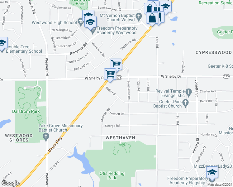 map of restaurants, bars, coffee shops, grocery stores, and more near 692 Delta Road in Memphis