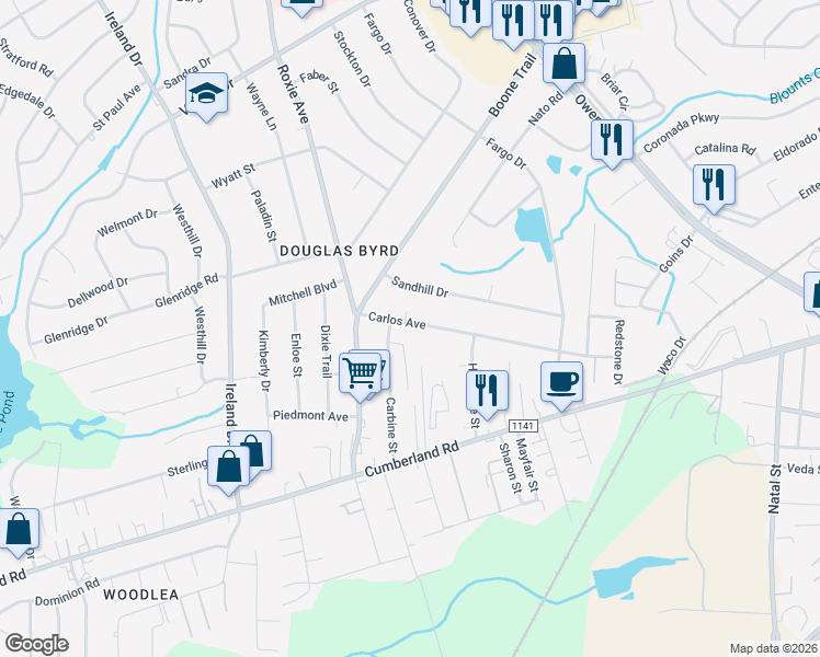 map of restaurants, bars, coffee shops, grocery stores, and more near 3917 Carlos Avenue in Fayetteville